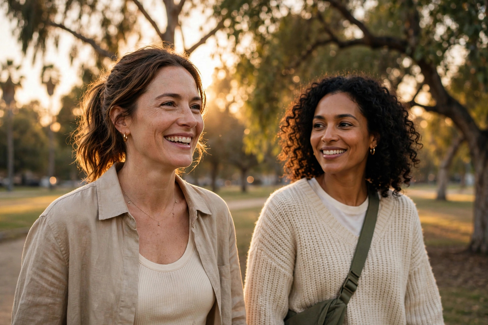 A woman laughing on a golden-hour walk in a park with a friend