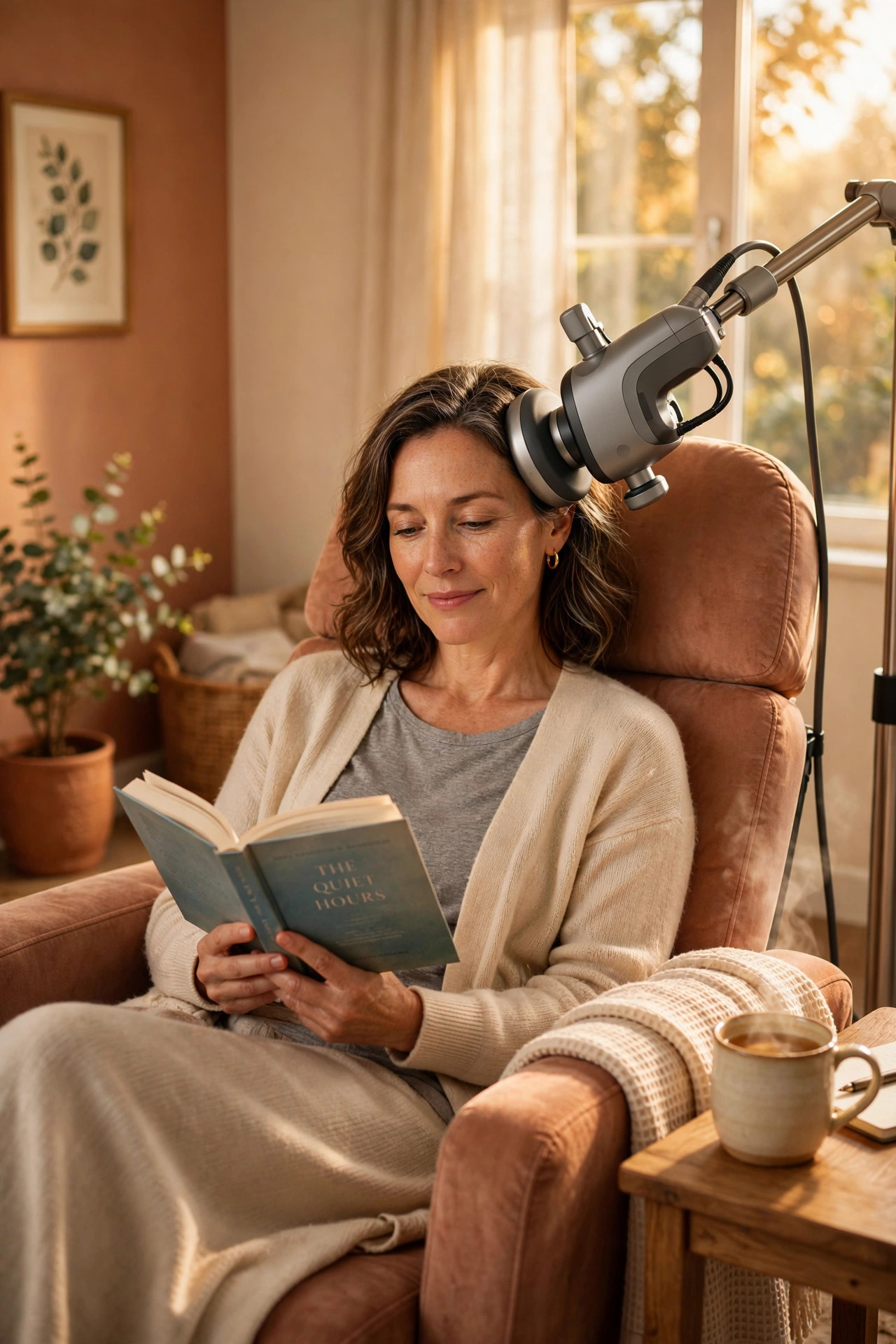 A woman sits awake and relaxed in a comfortable chair, reading a book, while a TMS coil rests gently at the side of her head in a warm, sunlit room