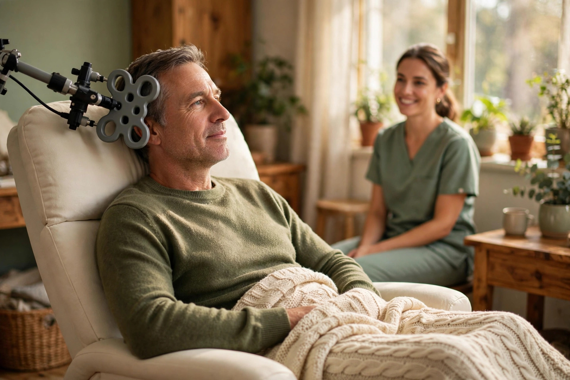 A man rests awake under a soft blanket in a reclining chair during a TMS session, a clinician seated nearby, in a warm room with plants and sunlight